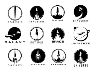 Spaceship and space rocket icons. Shuttle spaceship launch and rocket start up vector silhouettes with fire flames and smoke, planets and orbit frames. Universe galaxy travel, retro spacecraft symbols © Vector Tradition