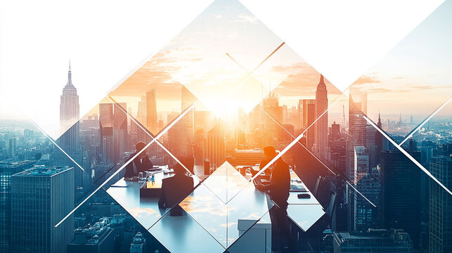 Silhouette of business people working together in office. Teamwork and partnership concept. Double exposure with light effects.