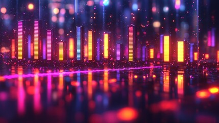 Colorful digital soundwave visualization with vibrant peaks and reflections at night
