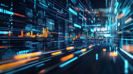 Fast-moving digital data streams with futuristic interface