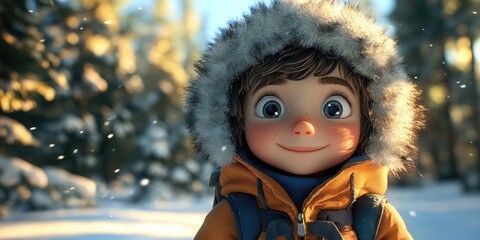 Adorable toddler wearing a fur-lined hood in a snowy forest, capturing the joy of winter play