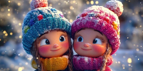 Fototapeta premium Adorable couple wearing colorful knitted hats, cozy winter fashion, perfect for seasonal celebrations