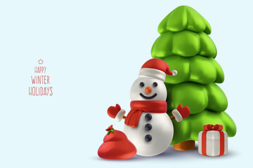 Snowman with gift box and xmas tree. Merry Christmas and Happy New Year composition in 3d vector style. Holiday background for banner, card, flyer. Realistic cartoon illustration.