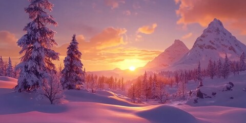 Idyllic Lapland winter landscape featuring snow-covered trees and frosted mountains, capturing the essence of a fairy tale sunset in Scandinavia