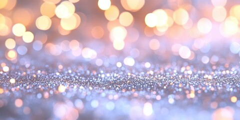 Silver glitter background adorned with vibrant bokeh lights, ideal for festive invitations and celebrations