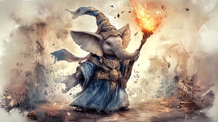 Obraz premium Enchanting Fantasy Elephant Wizard Poster: A Magical Masterpiece with Flickering Torch, Detailed Blue and Gold Robes, and Mystical Artifacts, Perfect for Sports Interior Decor!