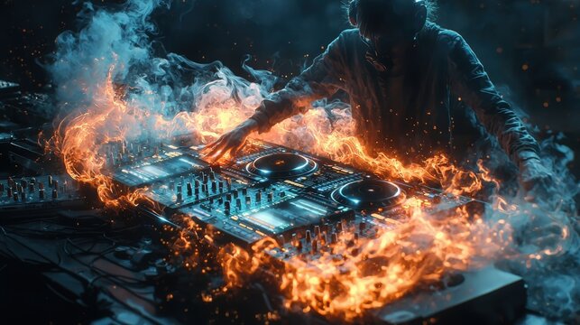Energetic DJ mixing beats surrounded by flames at nighttime music event