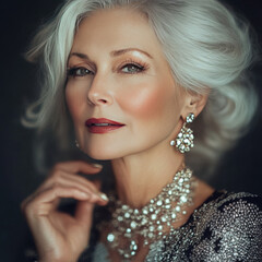 Fototapeta premium An old and beautiful woman wears sparkling jewelry, her elegance shining through. Each piece tells a story of grace and timeless beauty.