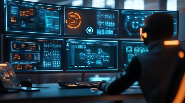 A professional working at a high-tech command center with multiple screens displaying data analytics and cybersecurity information.