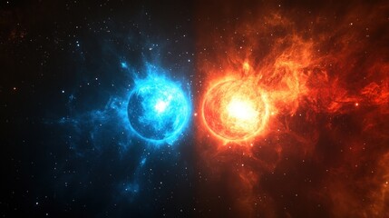 Obraz premium Two celestial bodies, one blue and one red, glowing with energy in a dark space background.