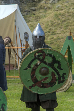 viking with green shield ready for battle