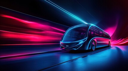 Futuristic Electric Bus Poster: Dynamic Design with Vibrant Blue and Magenta Lighting, Perfect for Energizing Sports Interiors and Modern Spaces