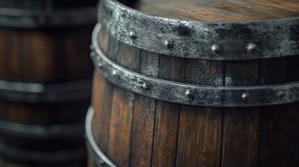 Fototapeta premium Close-up of wooden barrels with metal bands, suggesting storage or aging of liquids.