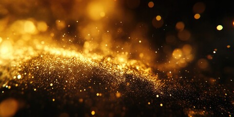 Dark abstract gold bokeh sparkles shimmering against a black backdrop, creating an elegant and luxurious atmosphere
