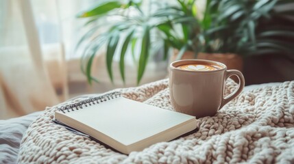 A cozy bedroom setting with a cup of coffee, a notebook, and a blanket.