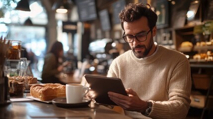 Inside a bustling cafe, a man in glasses is focused on his tablet while seated at a table. He has a coffee and a croissant, enjoying the warm ambiance and the aroma of freshly baked goods.