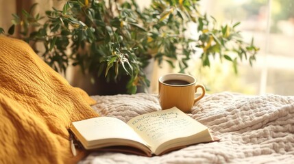 A cup of coffee, an open notebook, and a plant in a pot on a bed with a yellow pillow.