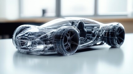 Stunning High-Performance Car Model with Transparent Shell: Showcase Interior Features on a Sleek White Surface - Perfect for Sporty Interior Decor Posters!