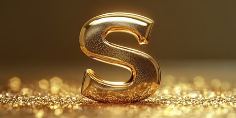 3D rendering of a shiny gold letter S on a sparkling golden background, perfect for luxury branding or artistic displays
