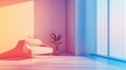 A minimalist living room with a single chair and plant in a corner. Sunlight streams through the large window, casting colorful shadows on the walls.