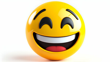 Fototapeta premium A bright yellow 3D emoticon with a wide grin, displaying large, white teeth and a happy expression. The round, glossy face is positioned against a white background.