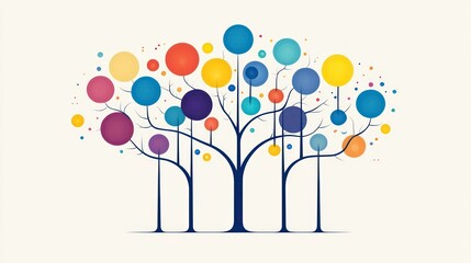 Abstract colorful tree illustration on white background with round shapes as leaves.
