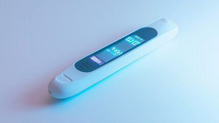 High-Detail Digital Thermometer with LED Display on White Background, Showing Temperature Reading, with Modern Buttons and Bright Backlighting for Clear Visibility