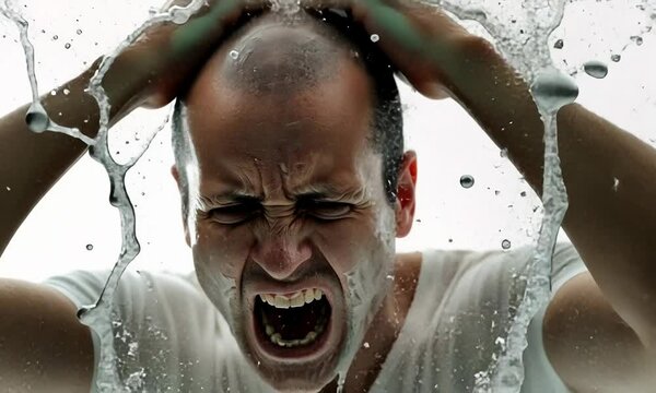 Frustrated Man with Short Hait Screaming Water Splashing Video.