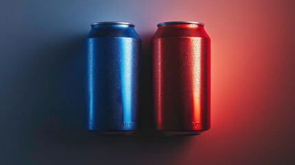 Two aluminum cans with blue and red reflective surfaces against a gradient blue and red background.