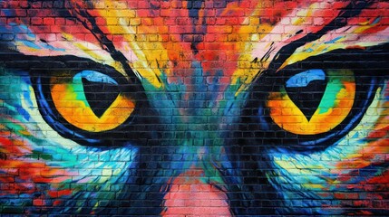 A close-up of a colorful owl mural painted on a brick wall. The owl's eyes are large and bright, staring directly at the viewer.