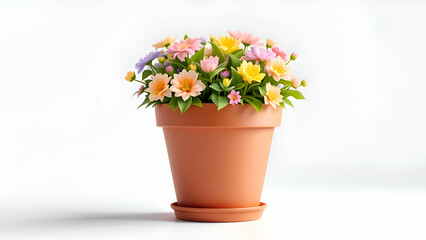 A terracotta pot holds a beautiful bouquet of pink, yellow, and purple flowers, arranged with lush green foliage.