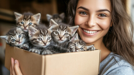 Fototapeta premium Baby Kittens in Box in Cozy Home, Smiling Woman