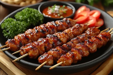 Grilled chicken skewers with dipping sauce and garnish.