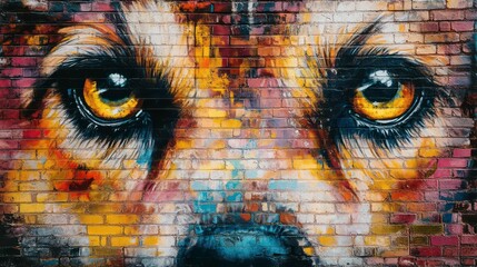 Close-up of a colorful wolf mural painted on a brick wall.