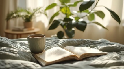 Cozy morning scene with a cup of coffee and an open notebook on a bed with a plant in the background.