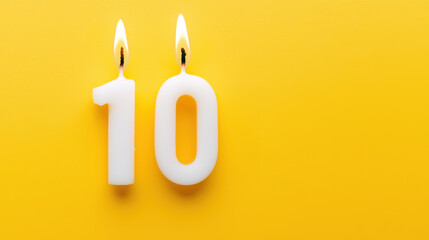 Colorful birthday candles in shape of  10  with flames, bold yellow backdrop, festive milestone celebration