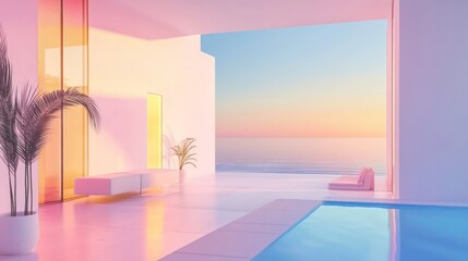 Concept scene illustration showing a minimalist house interior in abstract architectural gradient colors