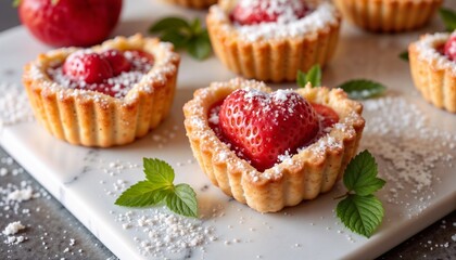Heart-Shaped Strawberry Tartlets with Powdered Sugar on White Marble Plate