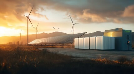 Concept of energy storage batteries system, wind power, wind turbines and Li-ion battery container, and solar panels in the background. Panoramic view with copy space.