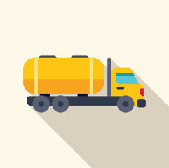 Fototapeta premium Yellow tank truck transporting liquid cargo, side view, flat design with long shadow