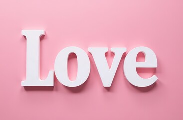 Word "LOVE" in white letters on pink background. Happy Valentine's Day, Mother's Day, March 8, International Women's Day holiday card concept.
