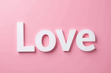 Word "LOVE" in white letters on pink background. Happy Valentine's Day, Mother's Day, March 8, International Women's Day holiday card concept.