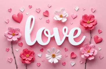 Word "LOVE" in white letters on pink background with pink roses. Happy Valentine's Day, Mother's Day, March 8, International Women's Day holiday card concept.