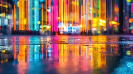 Colorful vertical light trails illuminating a reflective surface, modern abstract design, energetic and vibrant visual