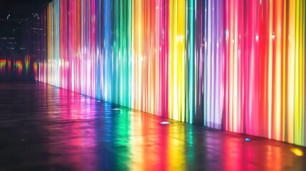Colorful vertical light trails illuminating a reflective surface, modern abstract design, energetic and vibrant visual