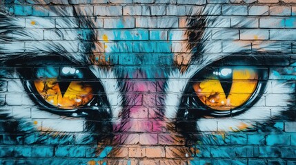 Colorful street art of an animal's eyes and nose on a brick wall.
