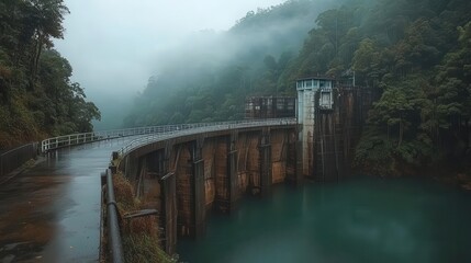 Dam with a winding road leading down to the water, lush forest around, watercolor style