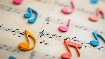 Colorful musical notes pattern on sheet music