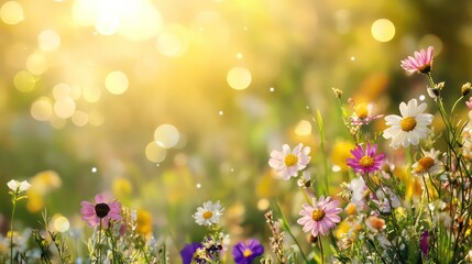 Colorful flower meadow with sunbeams and bokeh lights in summer - nature background banner with copy space - summer greeting card wildflowers spring concept