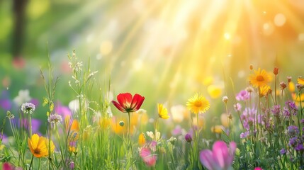 Colorful flower meadow with sunbeams and bokeh lights in summer - nature background banner with copy space - summer greeting card wildflowers spring concept